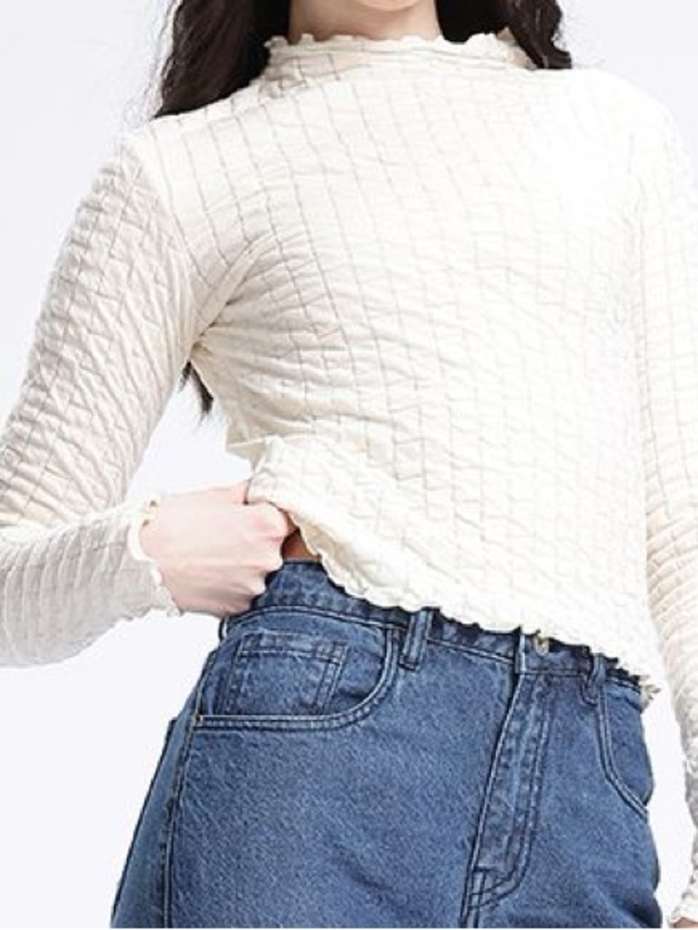Mango Cream Mock neck Ruffle-Edge Top